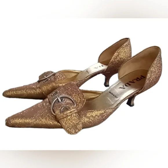 PRADA Shoes 8 Gold Brocade Flats / Kitten Heel - Picture 3 of 14